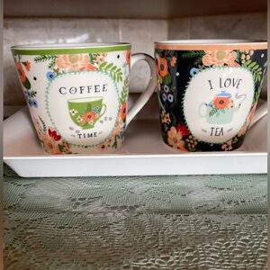 Vintage Floral Coffee and Tea Mugs - Green and Black